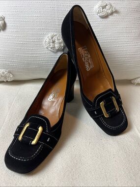 Salvatore Ferragamo Black Suede Heels with Gold Buckle